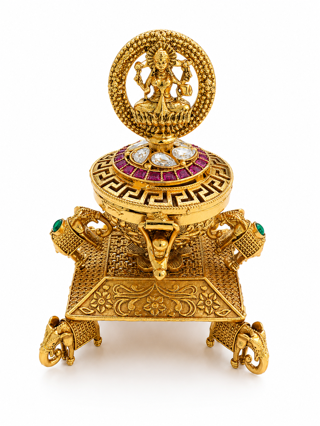 Goddess Lakshmi Gaja Peetham Kumkum Box | Six Elephant Throne Polki Ruby Lotus – GV-RG-S-K-125