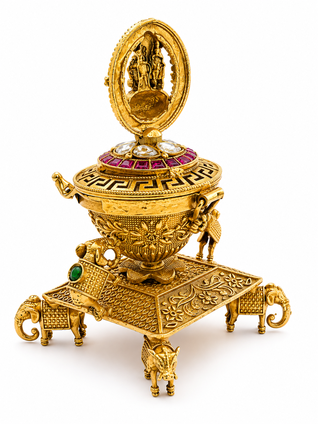 Goddess Lakshmi Gaja Peetham Kumkum Box | Six Elephant Throne Polki Ruby Lotus – GV-RG-S-K-125