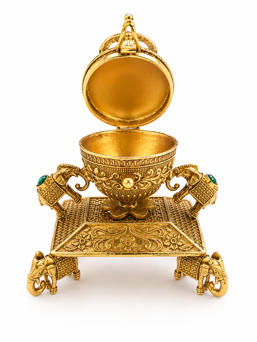 Goddess Lakshmi Gaja Peetham Kumkum Box | Six Elephant Throne Polki Ruby Lotus – GV-RG-S-K-125