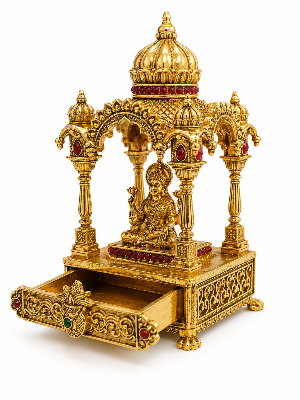 Goddess Lakshmi Mandap Kumkum Box | Hidden Soft Close Drawer Temple Dome Ruby – GV-RG-S-K-126