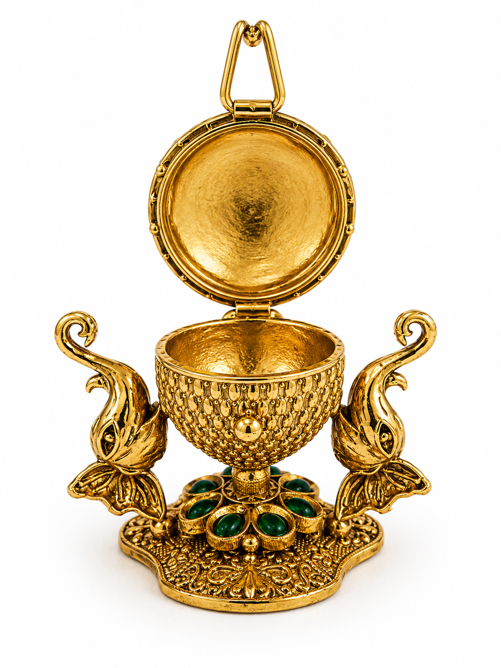 Radha Krishna Twin Peacock Kumkum Box | Emerald Lotus Pedestal Ruby Gold Urli – GV-RG-S-K-128