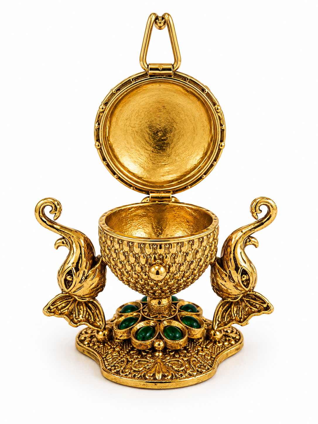 Radha Krishna Twin Peacock Kumkum Box | Emerald Lotus Pedestal Ruby Gold Urli – GV-RG-S-K-128