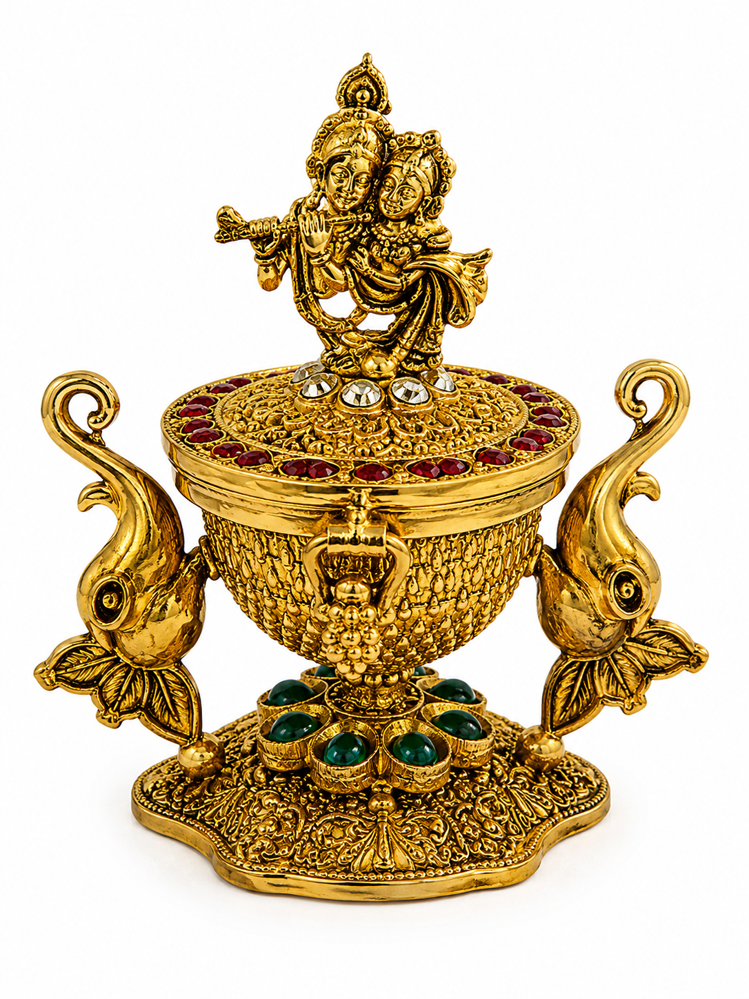 Radha Krishna Twin Peacock Kumkum Box | Emerald Lotus Pedestal Ruby Gold Urli – GV-RG-S-K-128