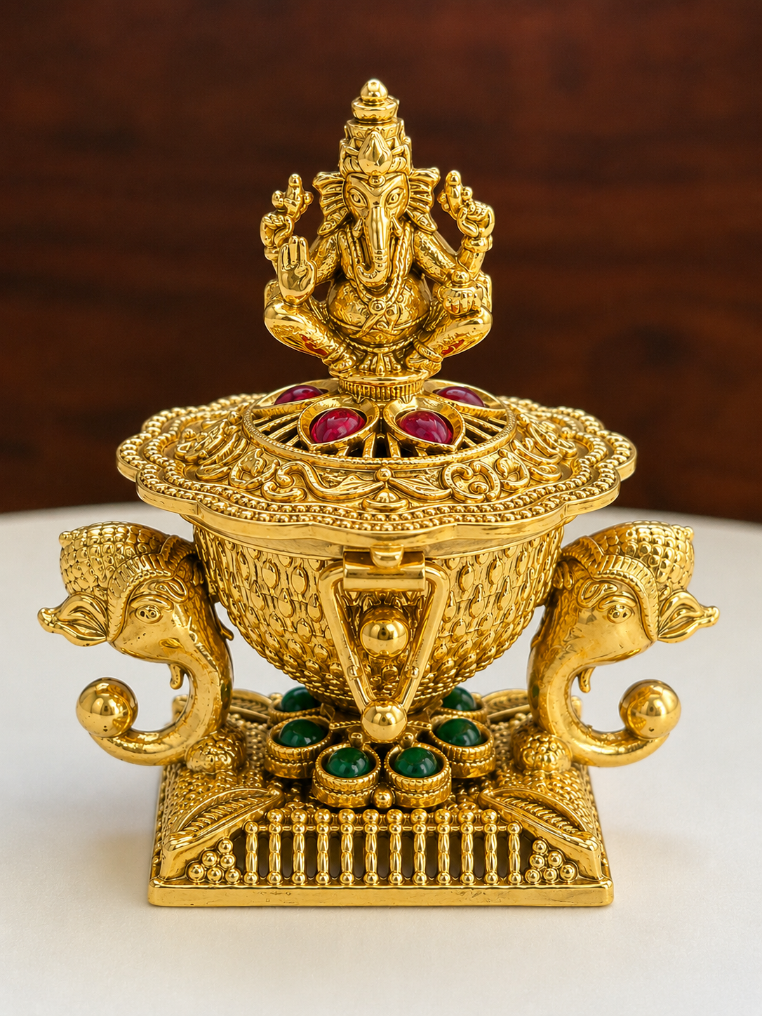 Lord Ganesha Makara Fish Kumkum Box | Twin Makara Handle Emerald Lotus Ruby Gold – GV-RG-S-K-129