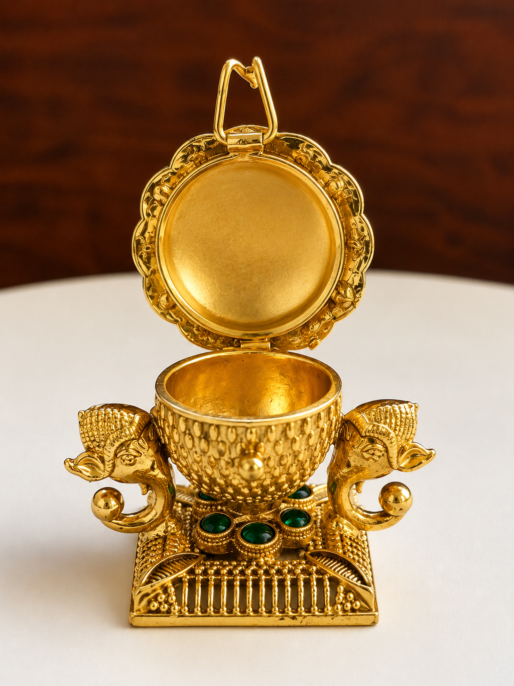 Lord Ganesha Makara Fish Kumkum Box | Twin Makara Handle Emerald Lotus Ruby Gold – GV-RG-S-K-129