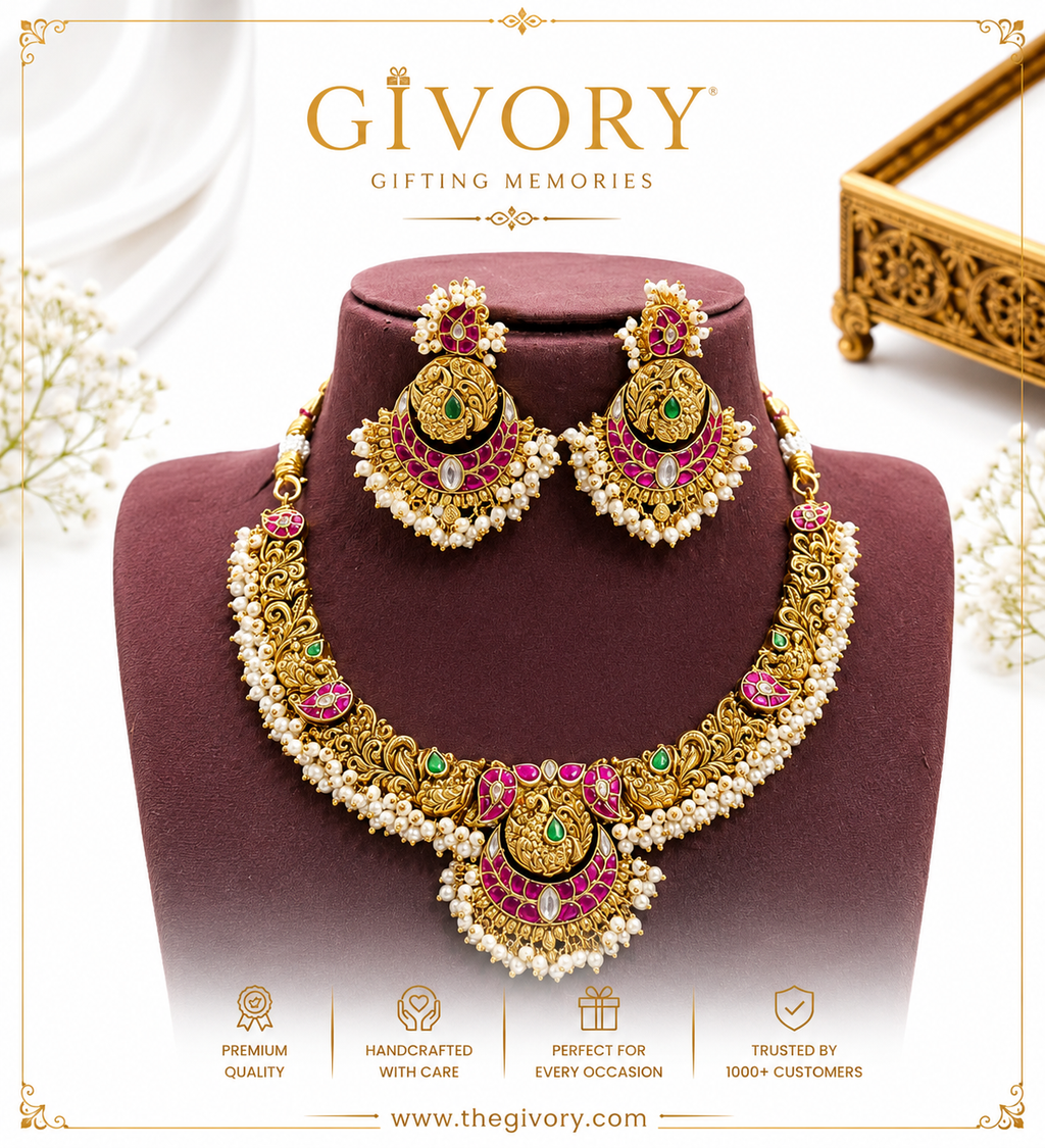Jadau Kundan Hasli Necklace Set | Gutta Pusalu Peacock Bridal Set – GV-RG-S-J-120