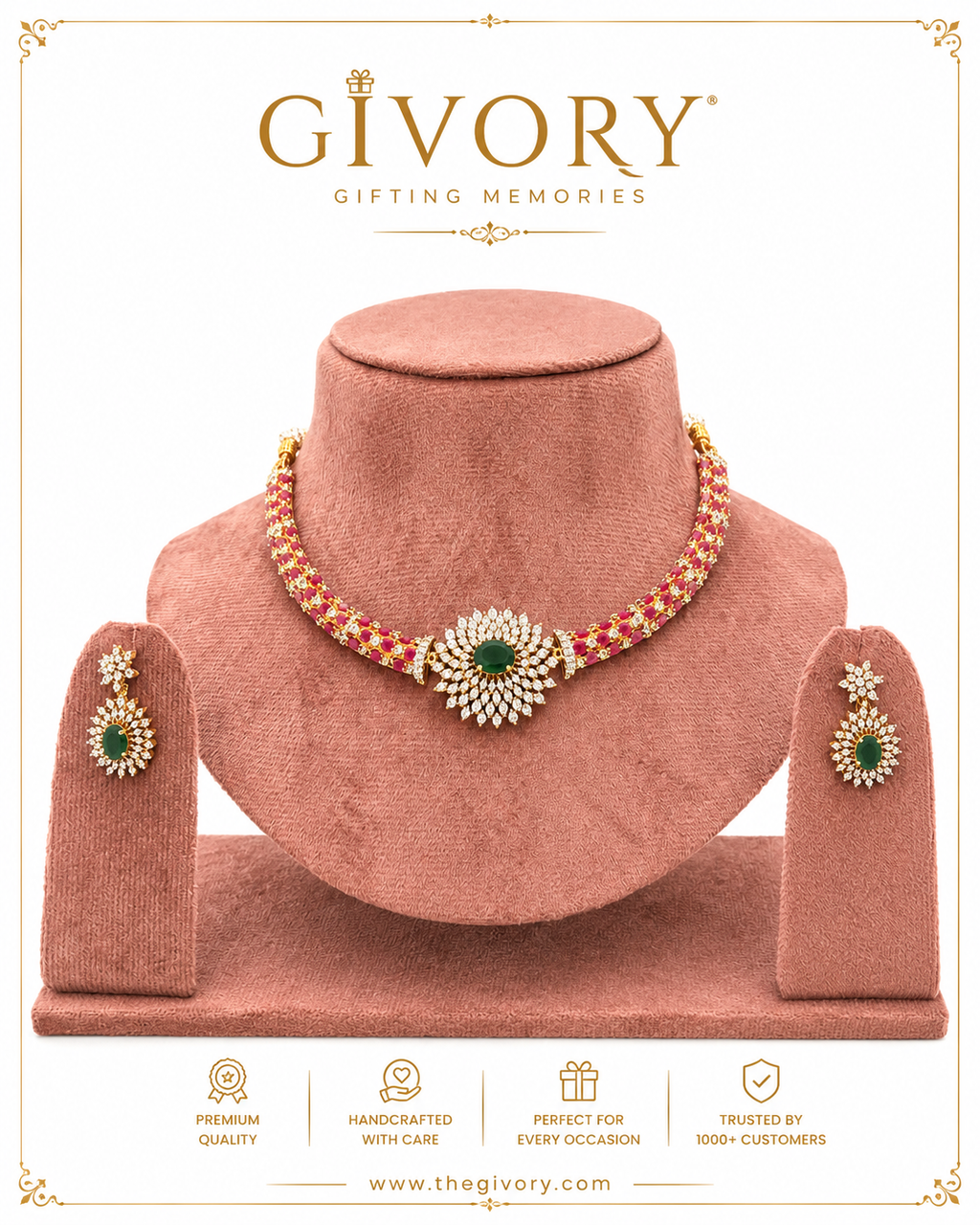 American Diamond CZ Necklace Set | Emerald Sunburst Pendant – GV-Rg-S-J-121