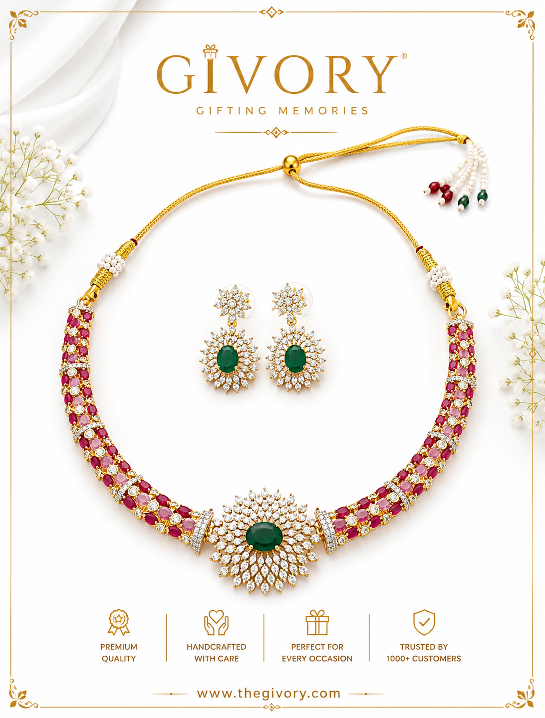American Diamond CZ Necklace Set | Emerald Sunburst Pendant – GV-Rg-S-J-121