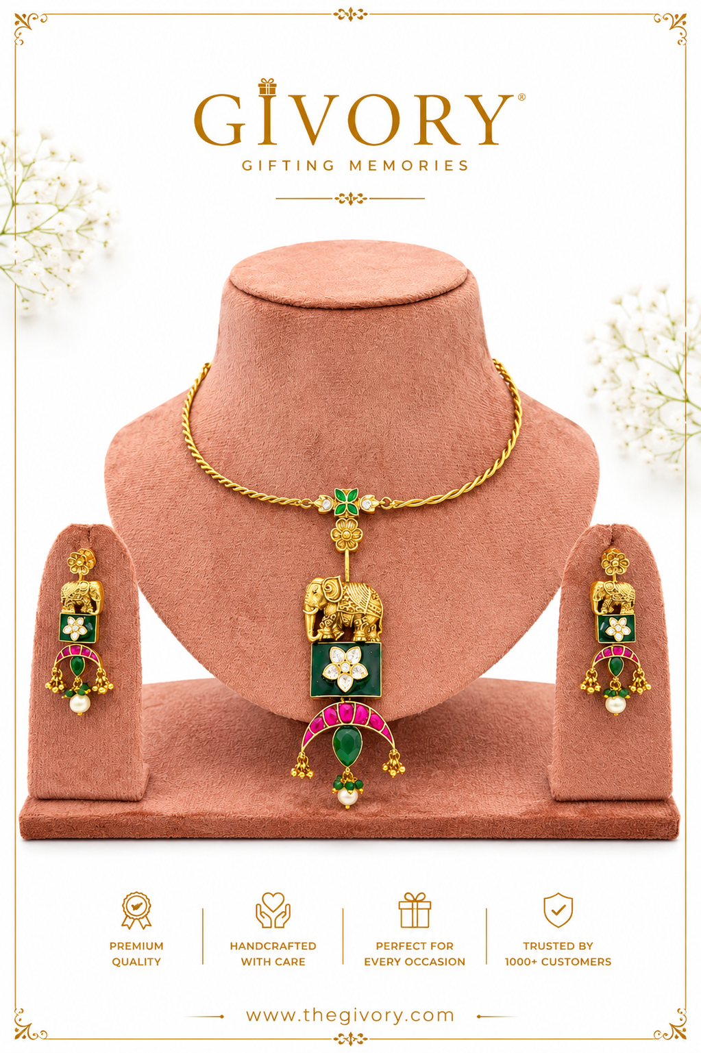 Royal Gaja Elephant Pendant Necklace Set | Meenakari Ruby Kundan – GV-RG-S-J-122