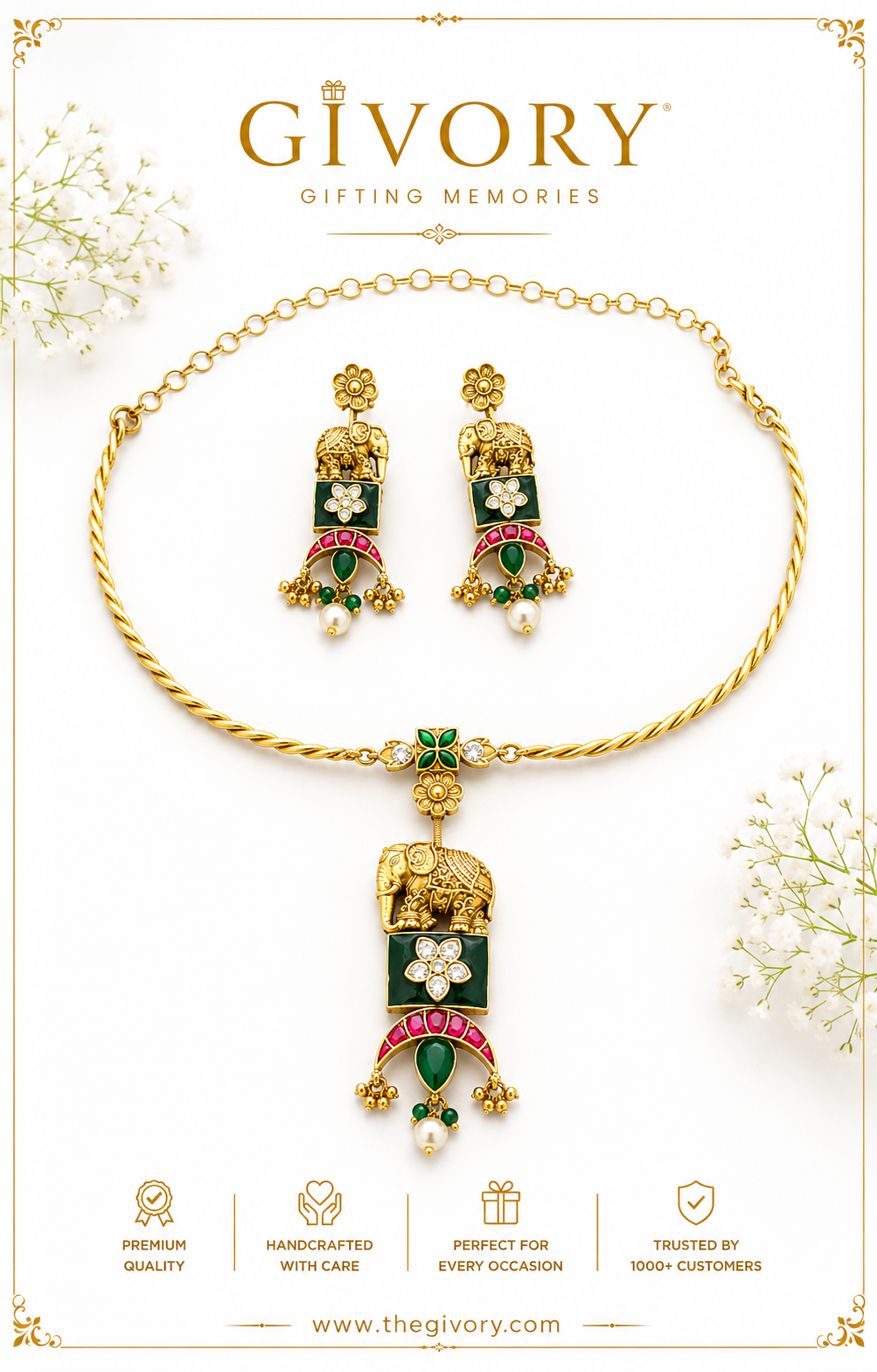 Royal Gaja Elephant Pendant Necklace Set | Meenakari Ruby Kundan – GV-RG-S-J-122