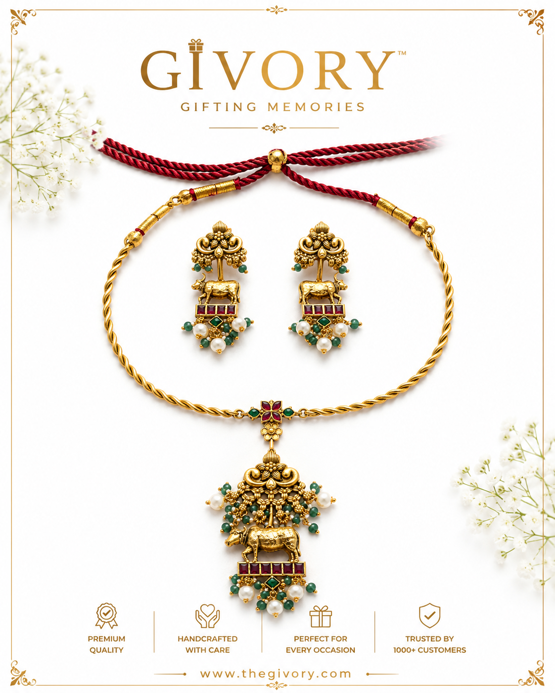 Sacred Cow Hasli Necklace Set | Gau Mata Pendant Ruby Pearl – GV-RG-S-J-123