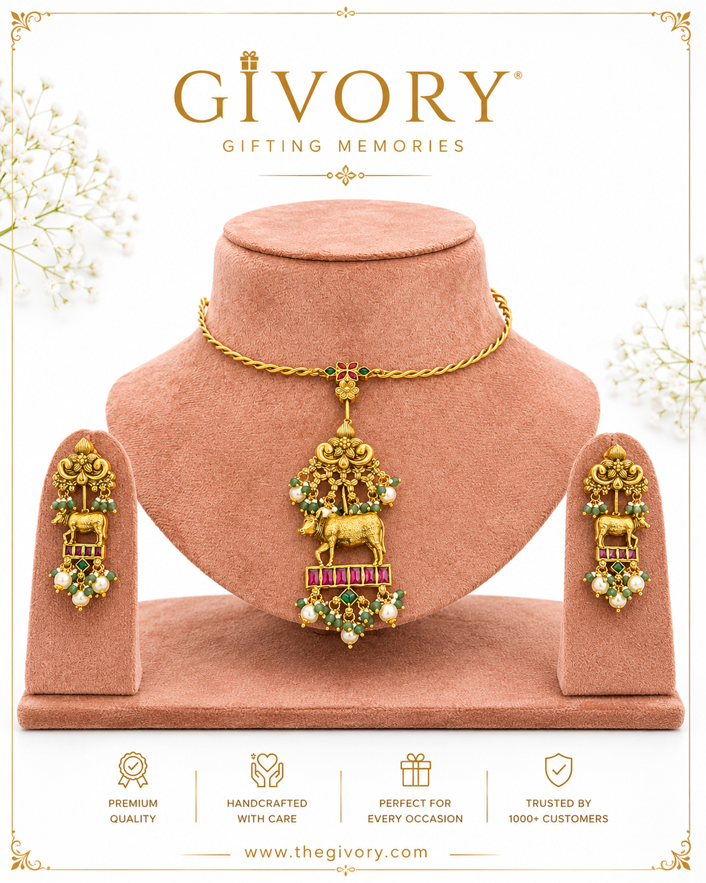 Sacred Cow Hasli Necklace Set | Gau Mata Pendant Ruby Pearl – GV-RG-S-J-123