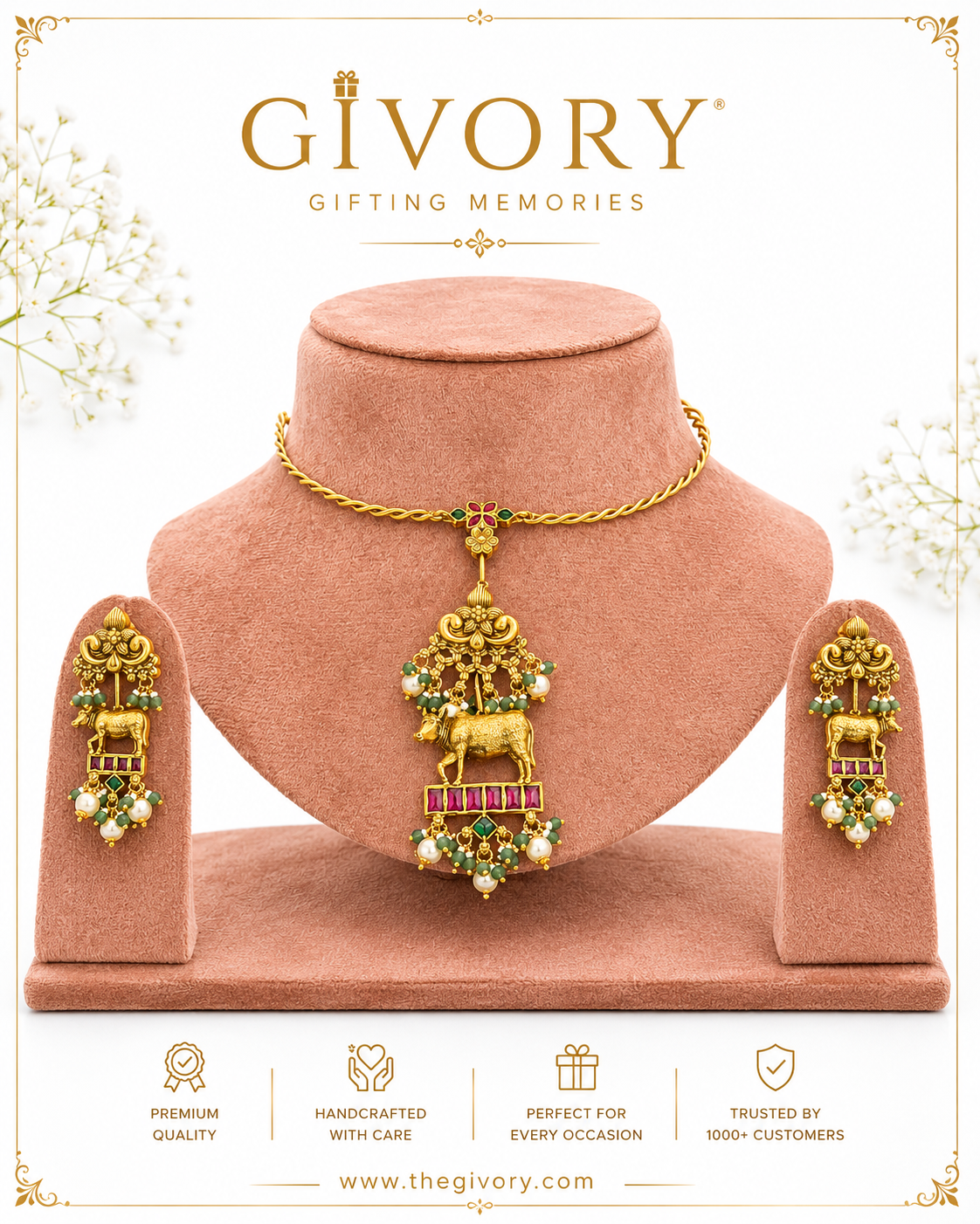 Sacred Cow Hasli Necklace Set | Gau Mata Pendant Ruby Pearl – GV-RG-S-J-123