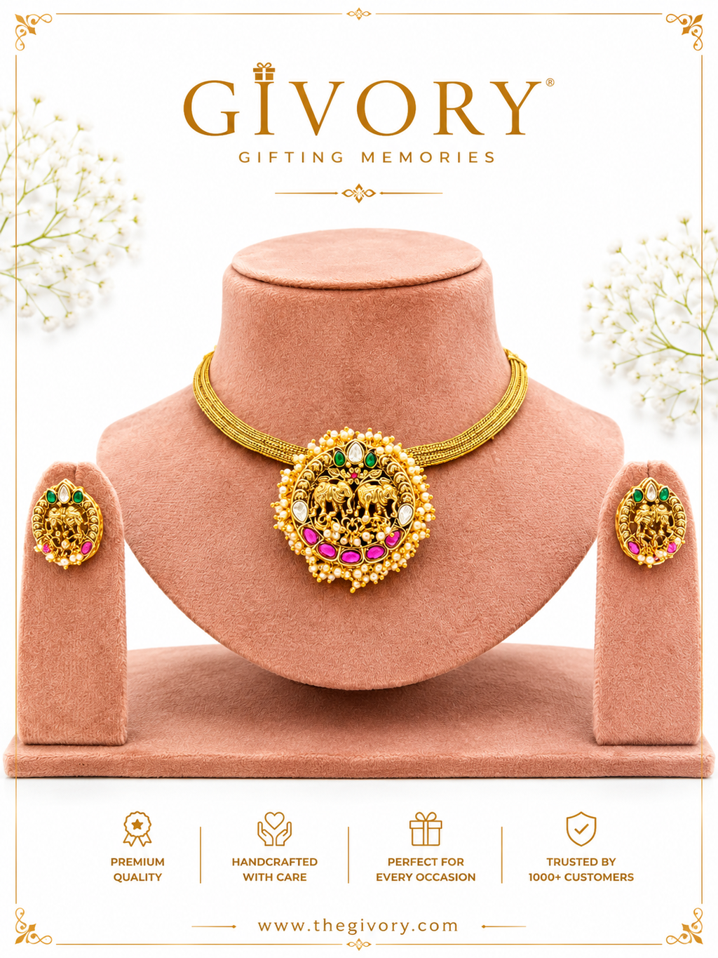 Gaja Yugal Medallion Collar Necklace Set | Twin Elephant Pendant – GV-RG-S-J-124