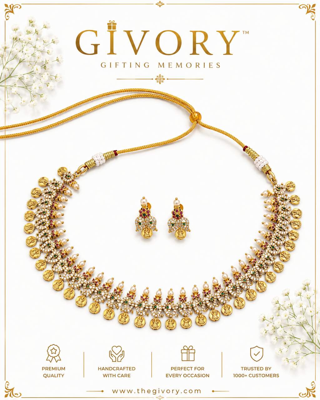 CZ Mango Lakshmi Coin Necklace Set | Pearl Fringe Bridal – GV-Rg-S-J-125
