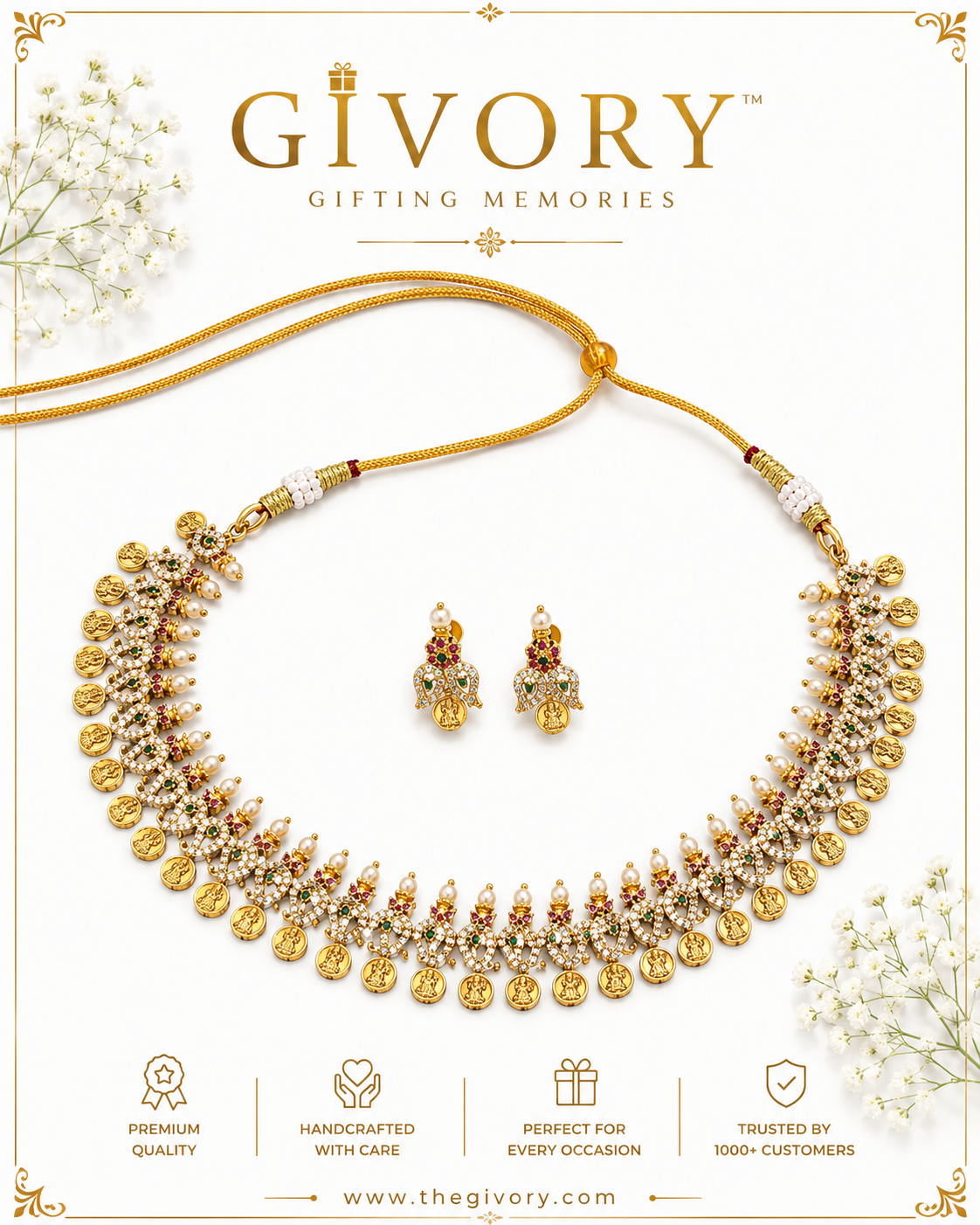 CZ Mango Lakshmi Coin Necklace Set | Pearl Fringe Bridal – GV-Rg-S-J-125