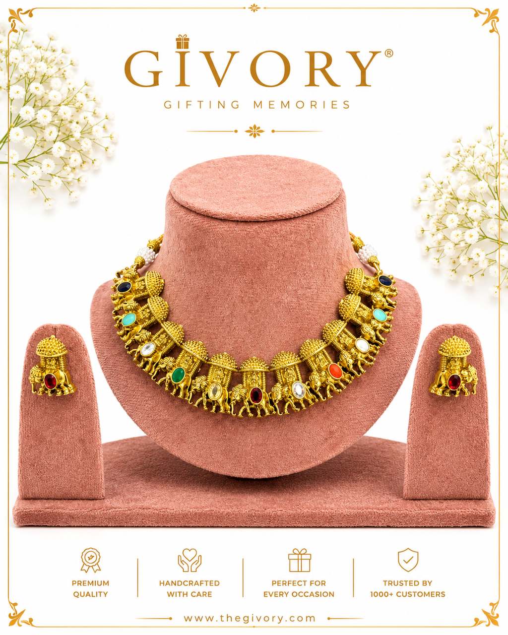 Navratna Gaja Procession Necklace Set | Nine Gem Elephants – GV-RG-S-J-126