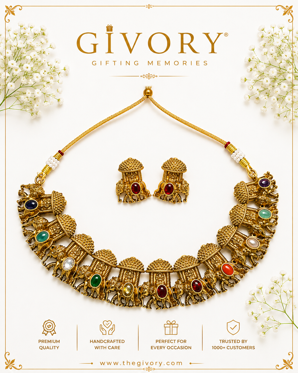 Navratna Gaja Procession Necklace Set | Nine Gem Elephants – GV-RG-S-J-126