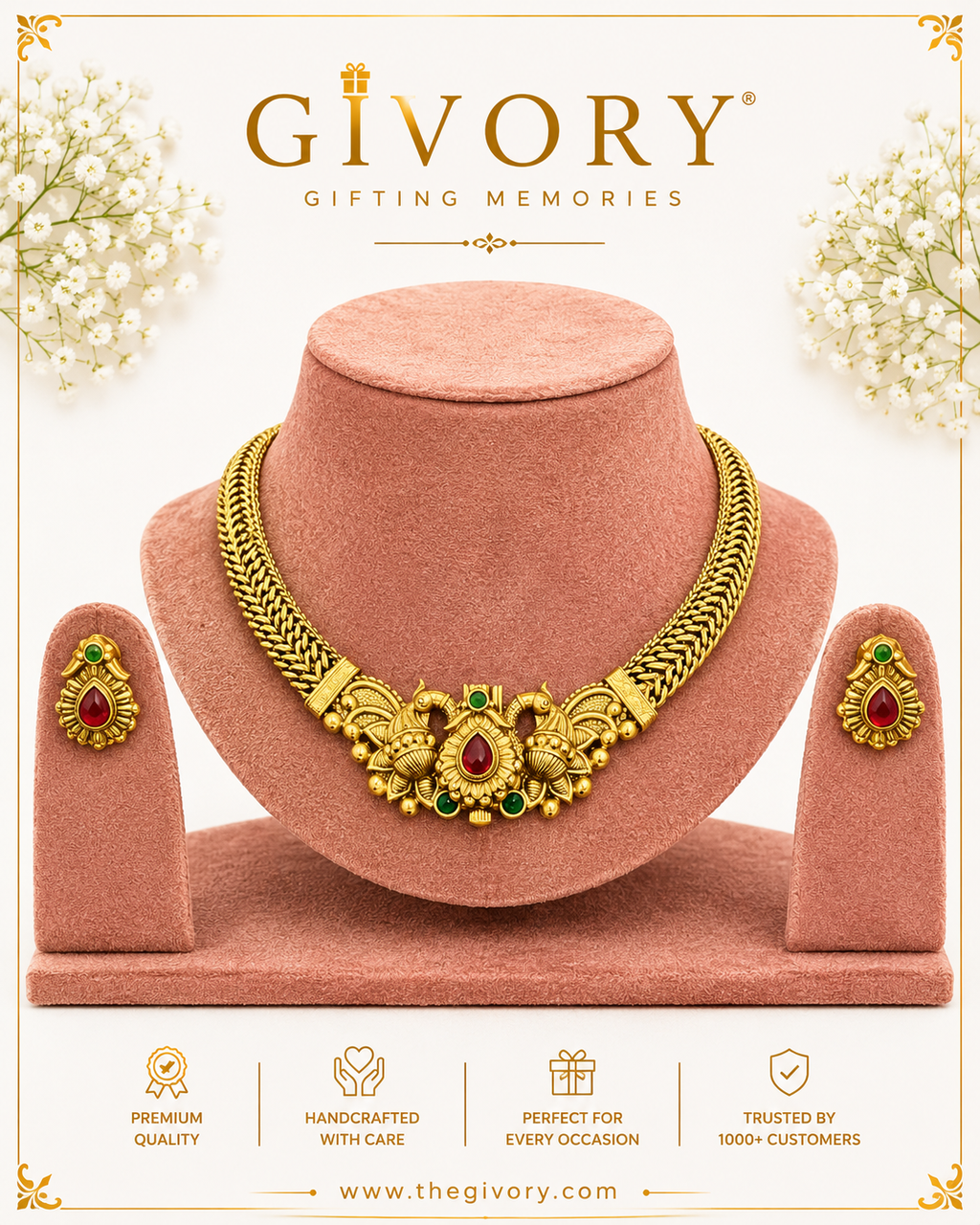 Twin Peacock Herringbone Necklace Set | Ruby Cabochon Pendant – GV-RG-S-J-127