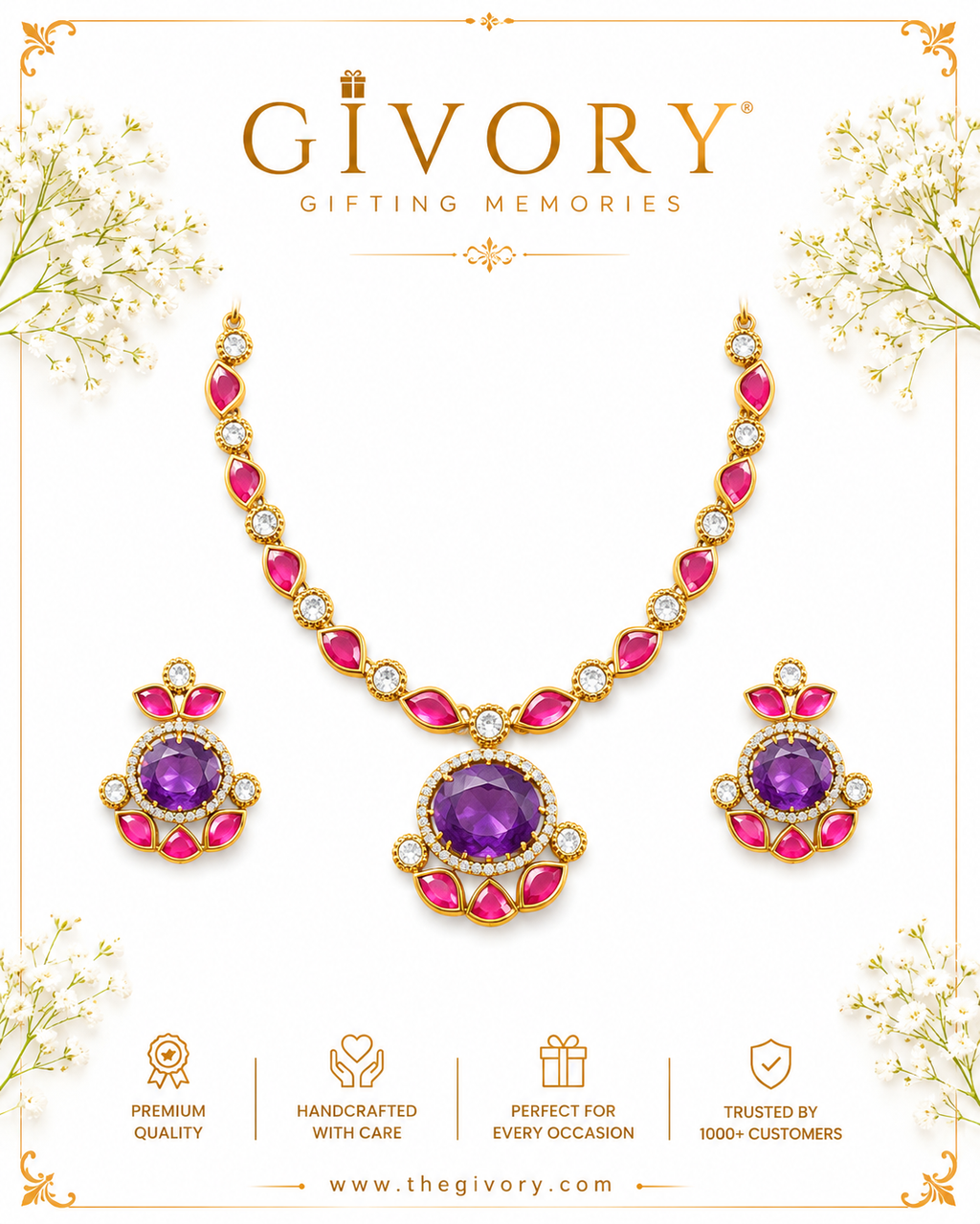 Purple Kundan Polki Necklace Set | Amethyst Ruby Petal – GV-RG-S-J-128