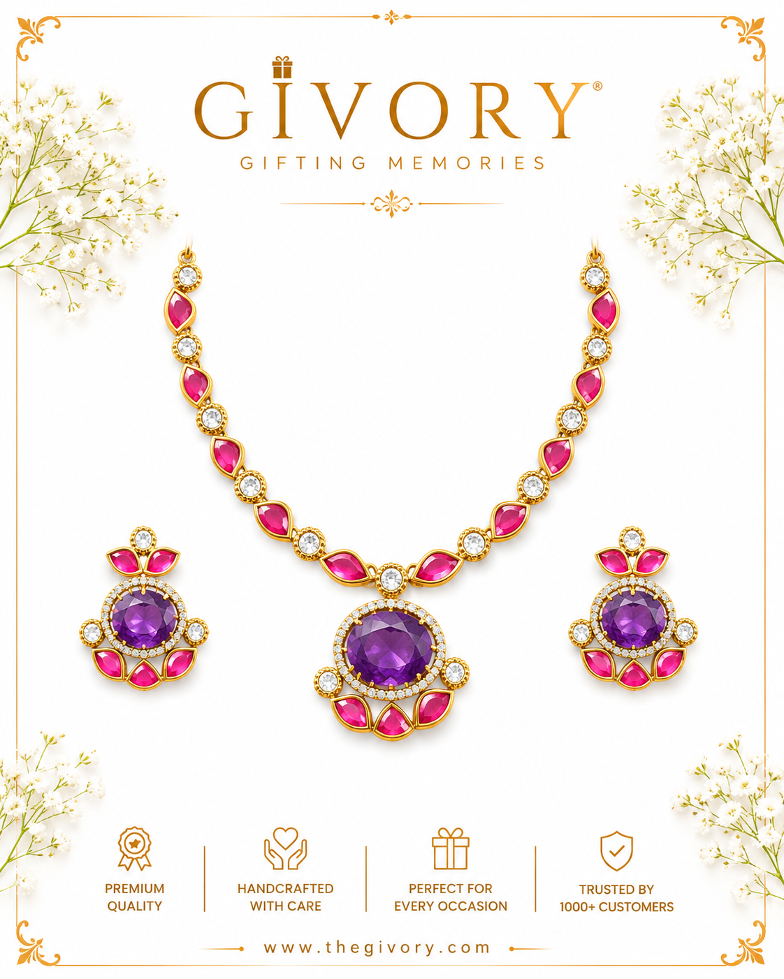 Purple Kundan Polki Necklace Set | Amethyst Ruby Petal – GV-RG-S-J-128