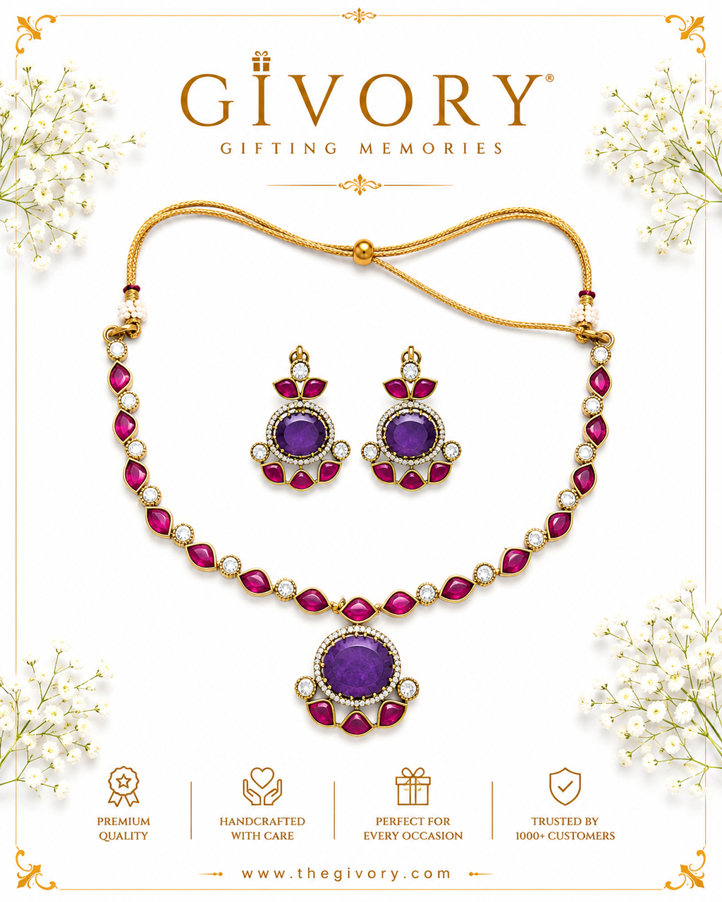 Purple Kundan Polki Necklace Set | Amethyst Ruby Petal – GV-RG-S-J-128