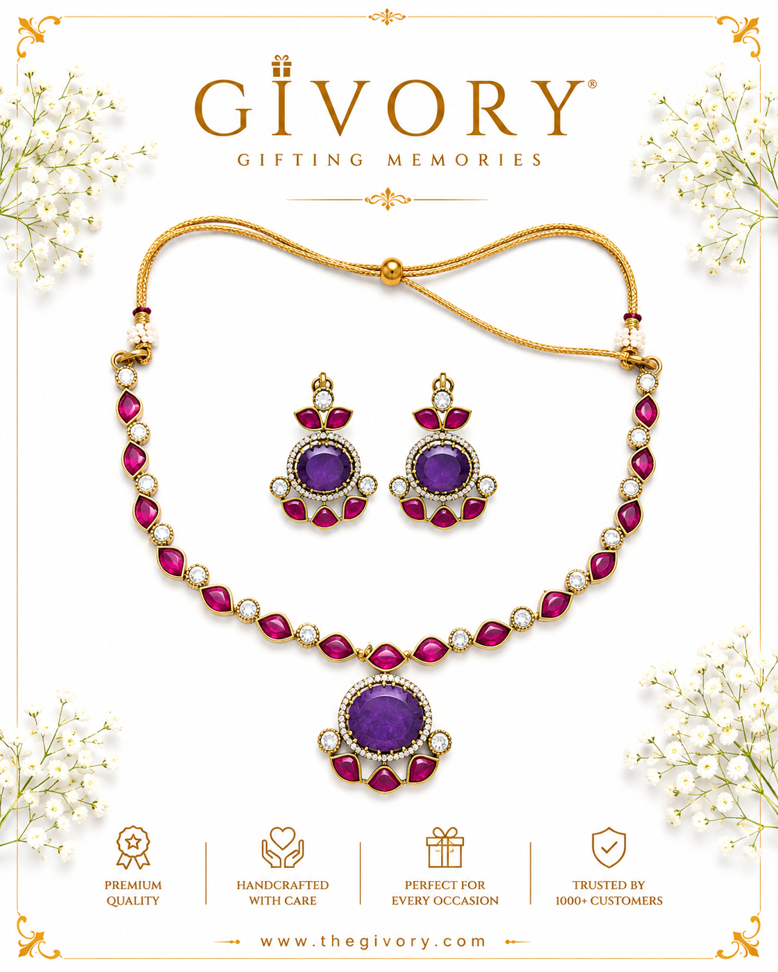 Purple Kundan Polki Necklace Set | Amethyst Ruby Petal – GV-RG-S-J-128