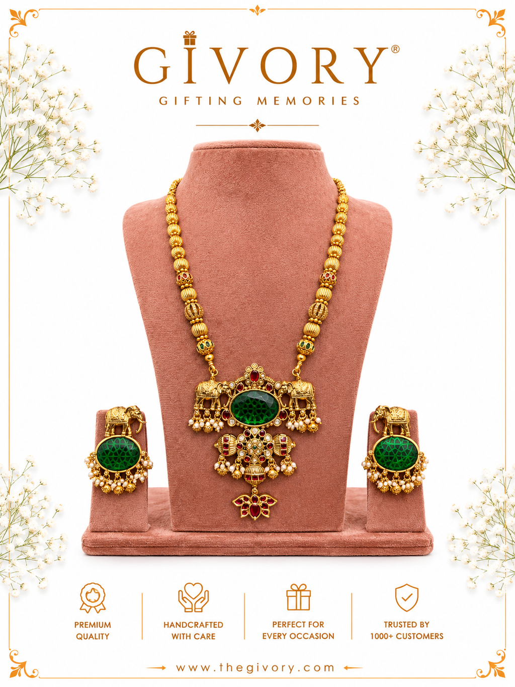 Gaja Emerald Haram Necklace Set | Twin Elephant Lotus Drop – GV-RG-S-J-130