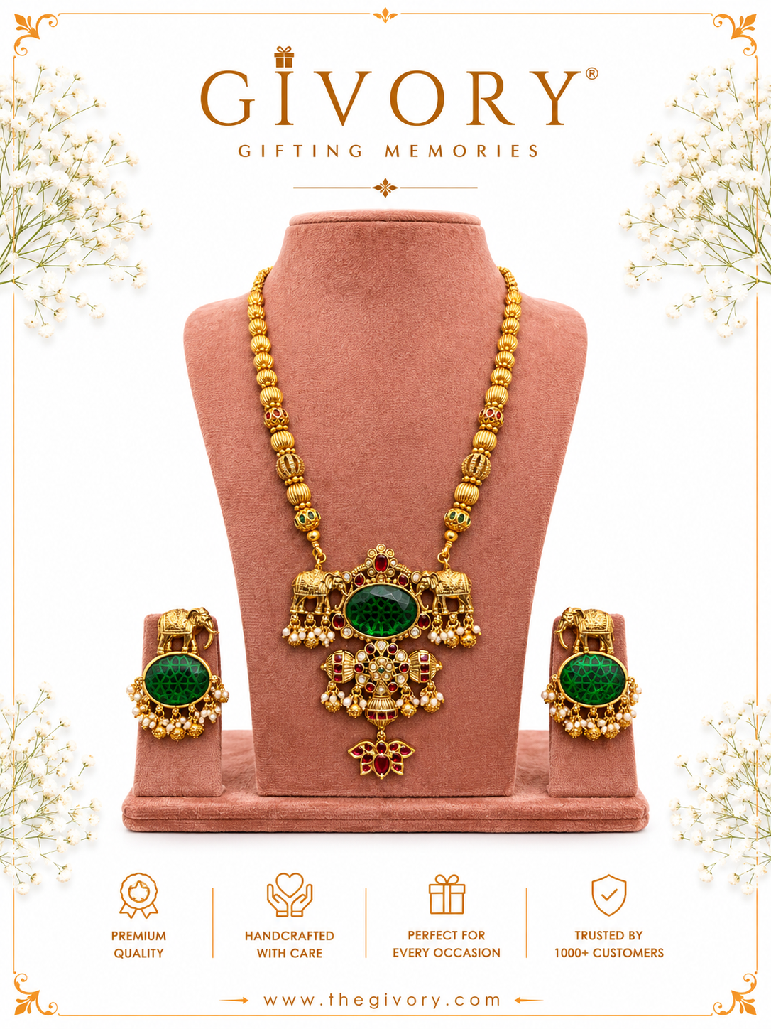 Gaja Emerald Haram Necklace Set | Twin Elephant Lotus Drop – GV-RG-S-J-130