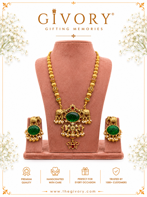 Gaja Emerald Haram Necklace Set | Twin Elephant Lotus Drop – GV-RG-S-J-130
