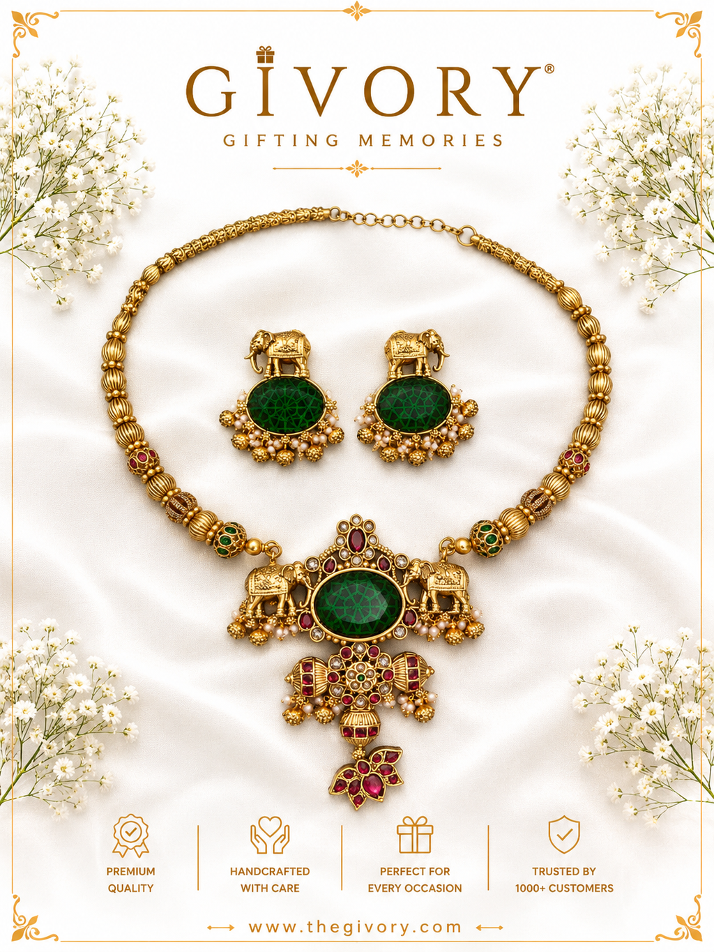 Gaja Emerald Haram Necklace Set | Twin Elephant Lotus Drop – GV-RG-S-J-130