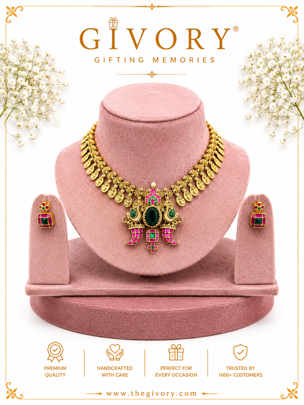 Twin Peacock Jadau Coin Fringe Necklace Set | Emerald Green – GV-RG-S-J-131