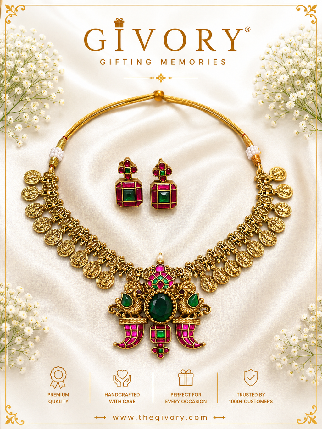 Twin Peacock Jadau Coin Fringe Necklace Set | Emerald Green – GV-RG-S-J-131