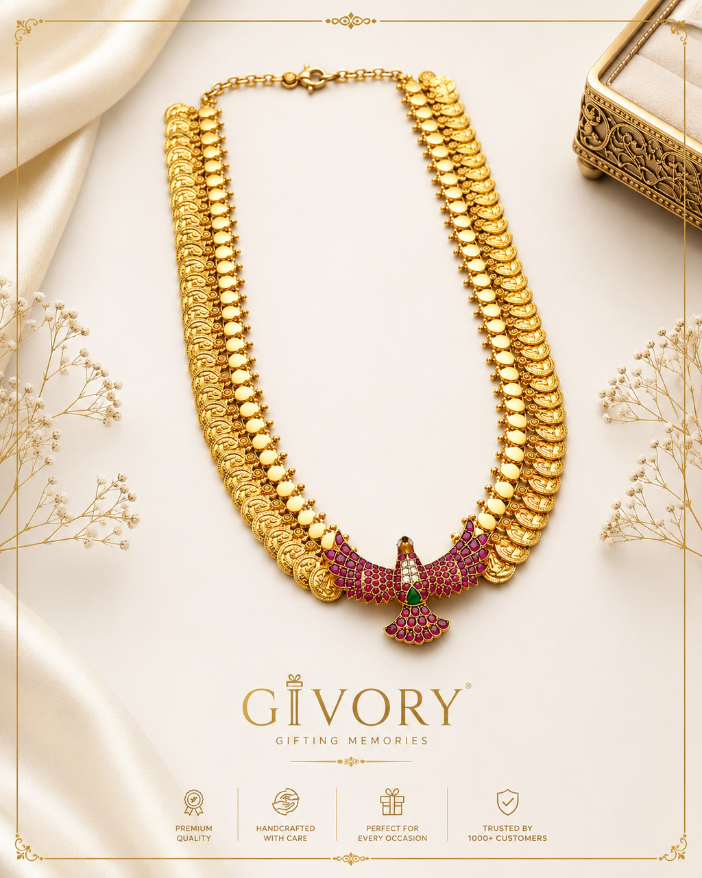 Regal Lakshmi Kasu Haaram | Jadau Kundan Double Peacock Necklace – GV-RG-S-J-114