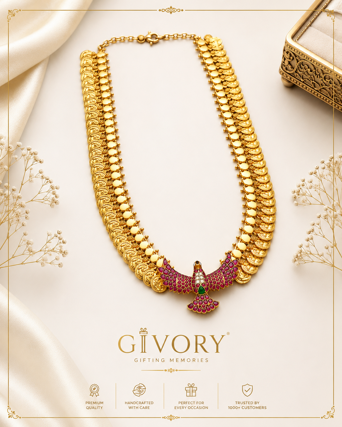 Regal Lakshmi Kasu Haaram | Jadau Kundan Double Peacock Necklace – GV-RG-S-J-114