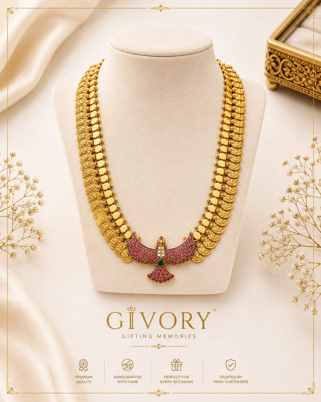 Regal Lakshmi Kasu Haaram | Jadau Kundan Double Peacock Necklace – GV-RG-S-J-114