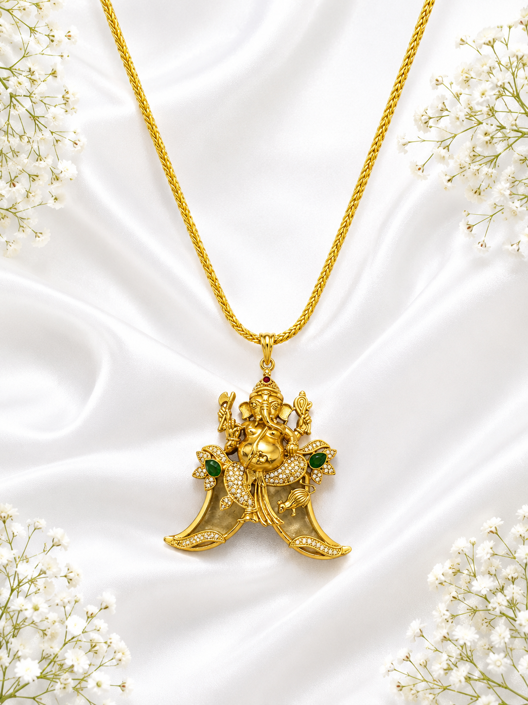 Lord Ganesha CZ Pendant Necklace | Emerald Ruby Accents – GV-RG-S-J-138