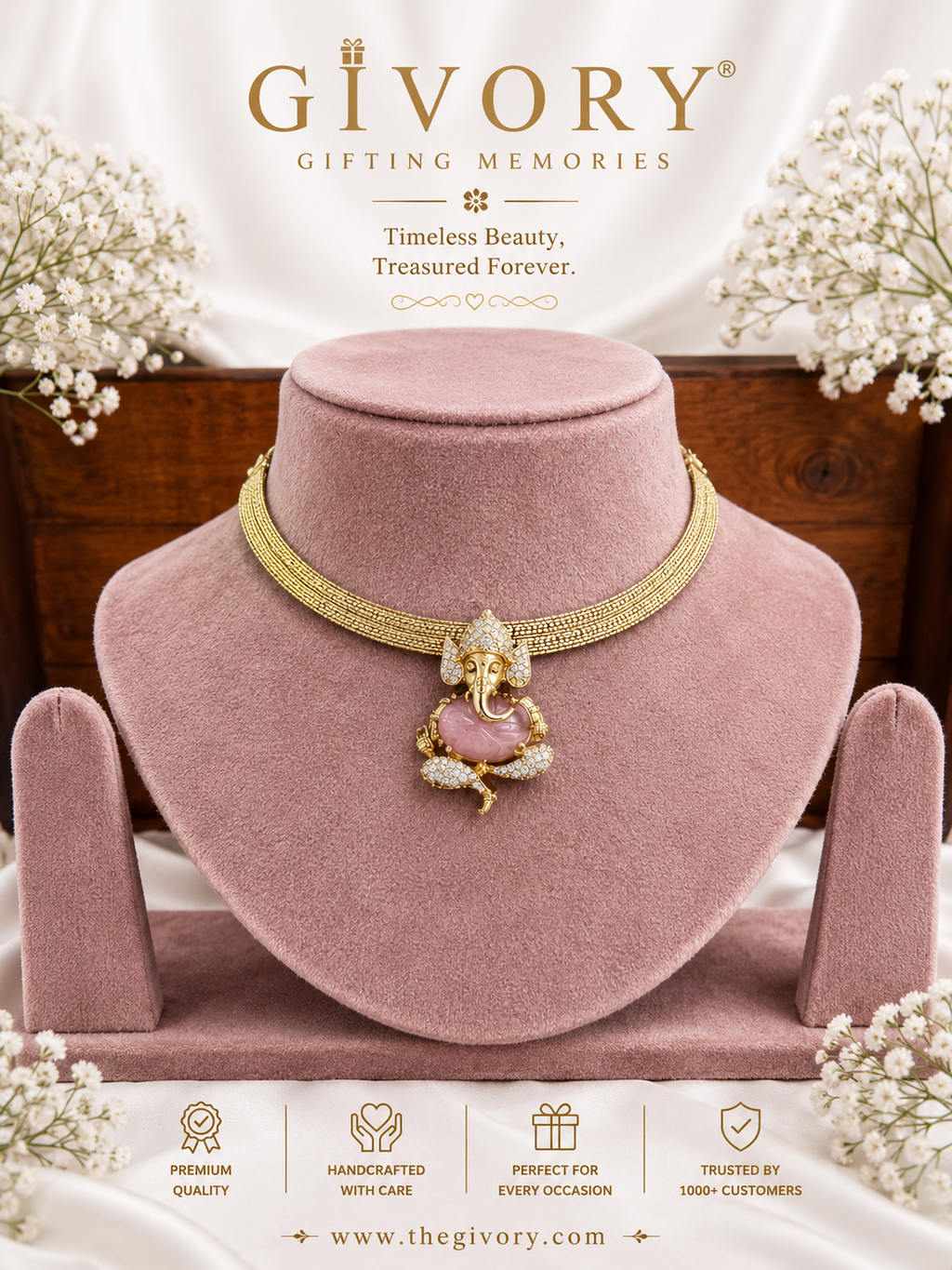 Carved Gemstone Ganesha Choker | Rose Quartz or Jade CZ – GV-RG-S-J-139