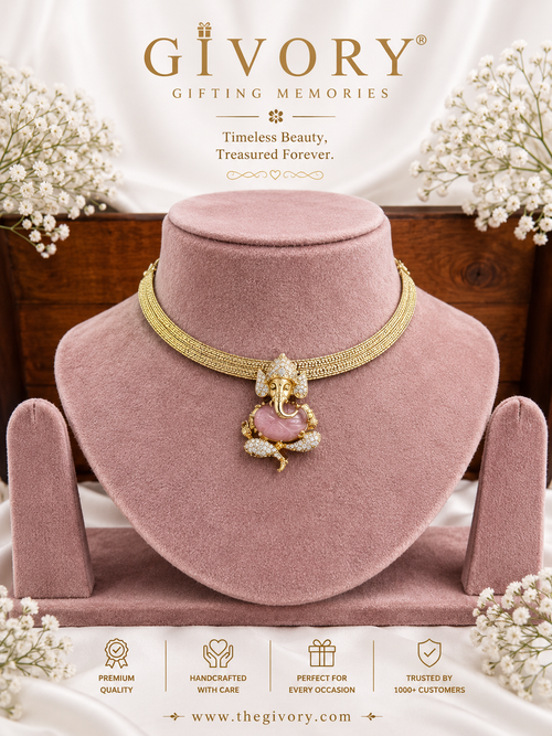 Carved Gemstone Ganesha Choker | Rose Quartz or Jade CZ – GV-RG-S-J-139