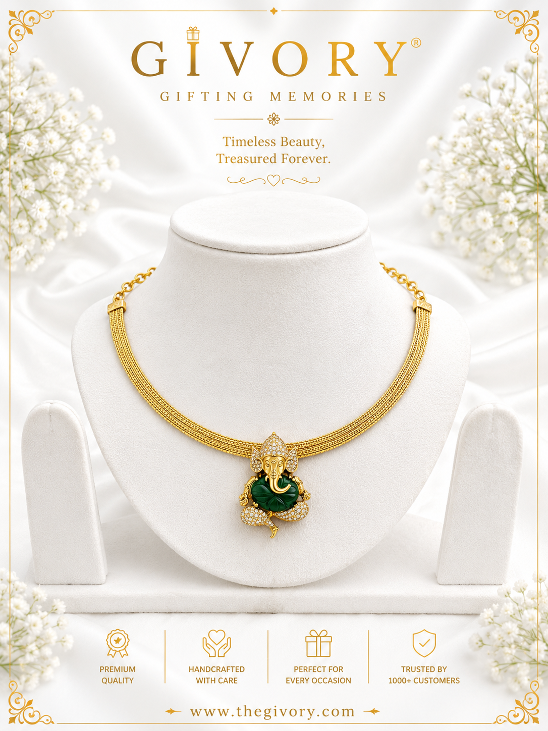Carved Gemstone Ganesha Choker | Rose Quartz or Jade CZ – GV-RG-S-J-139