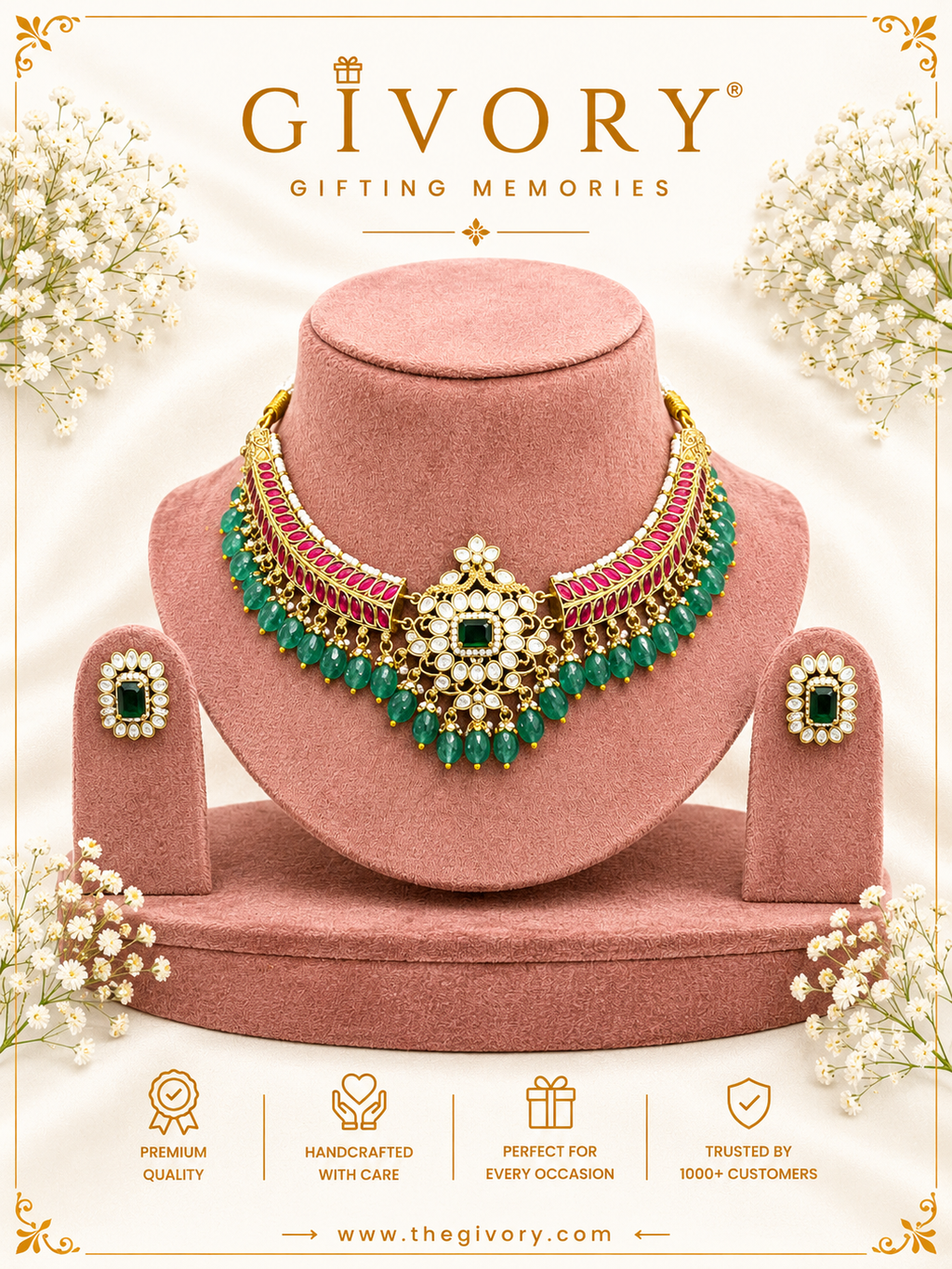 Kundan Polki Ruby Leaf Choker | Emerald Bead Fringe Necklace – GV-RG-S-J-132