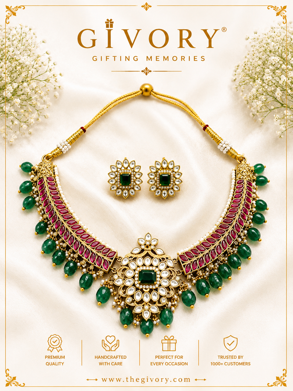 Kundan Polki Ruby Leaf Choker | Emerald Bead Fringe Necklace – GV-RG-S-J-132