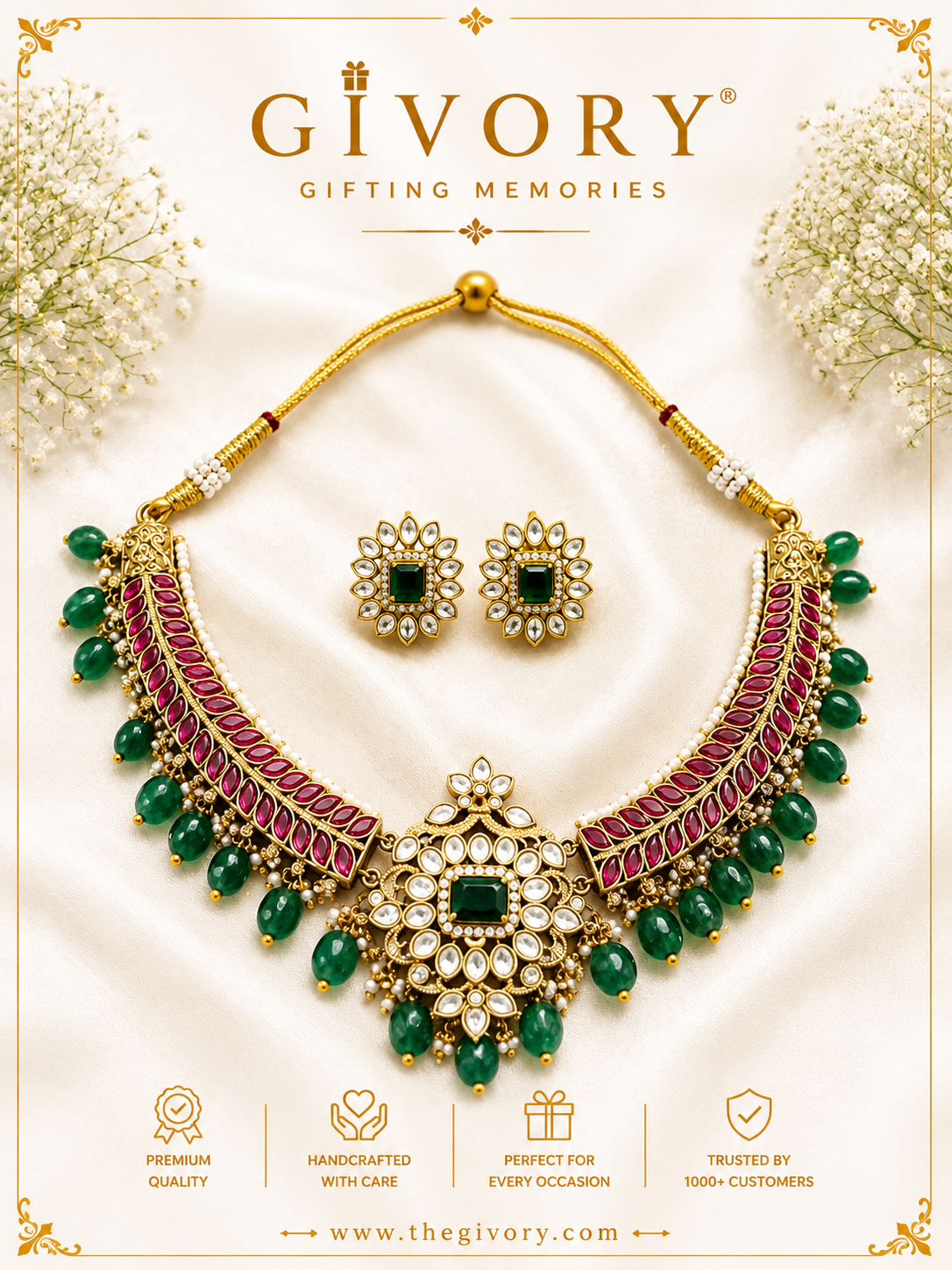 Kundan Polki Ruby Leaf Choker | Emerald Bead Fringe Necklace – GV-RG-S-J-132