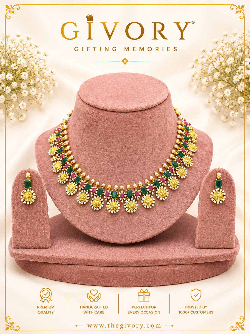 Lakshmi Coin CZ Halo Necklace Set | Emerald Ruby Pearl – GV-Rg-S-J-133