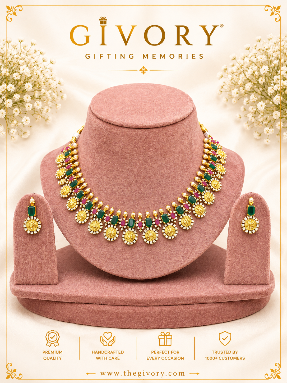 Lakshmi Coin CZ Halo Necklace Set | Emerald Ruby Pearl – GV-Rg-S-J-133