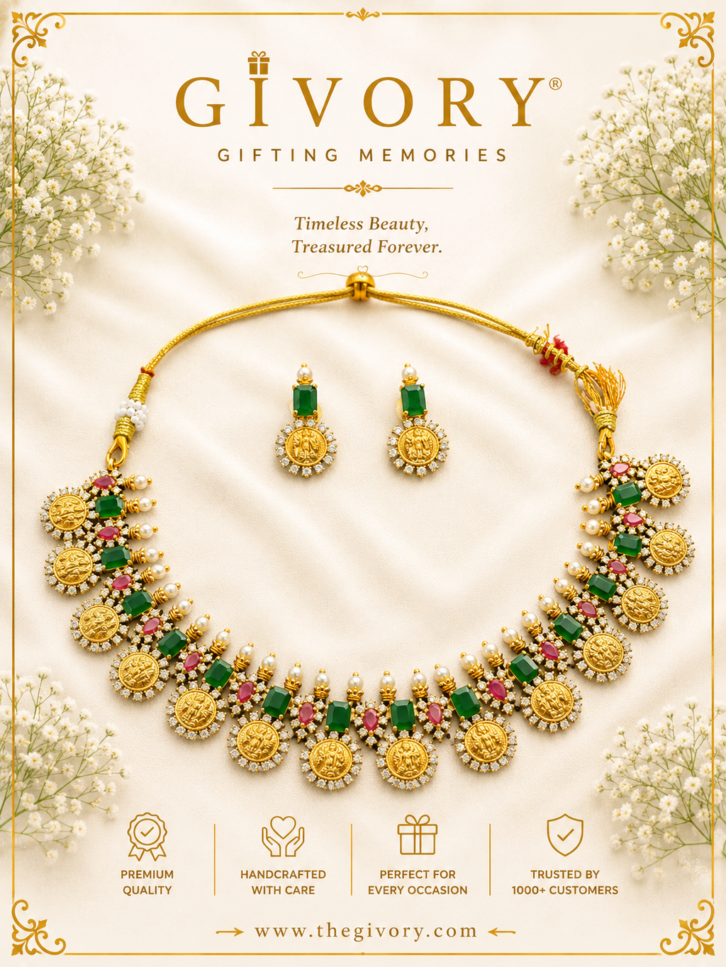 Lakshmi Coin CZ Halo Necklace Set | Emerald Ruby Pearl – GV-Rg-S-J-133