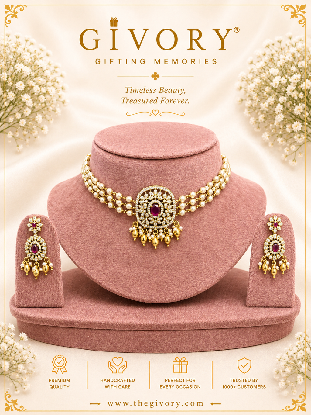 Triple Strand Pearl CZ Medallion Choker Set | Gold Fringe – GV-Rg-S-J-134
