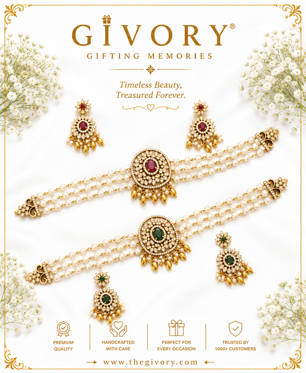 Triple Strand Pearl CZ Medallion Choker Set | Gold Fringe – GV-Rg-S-J-134