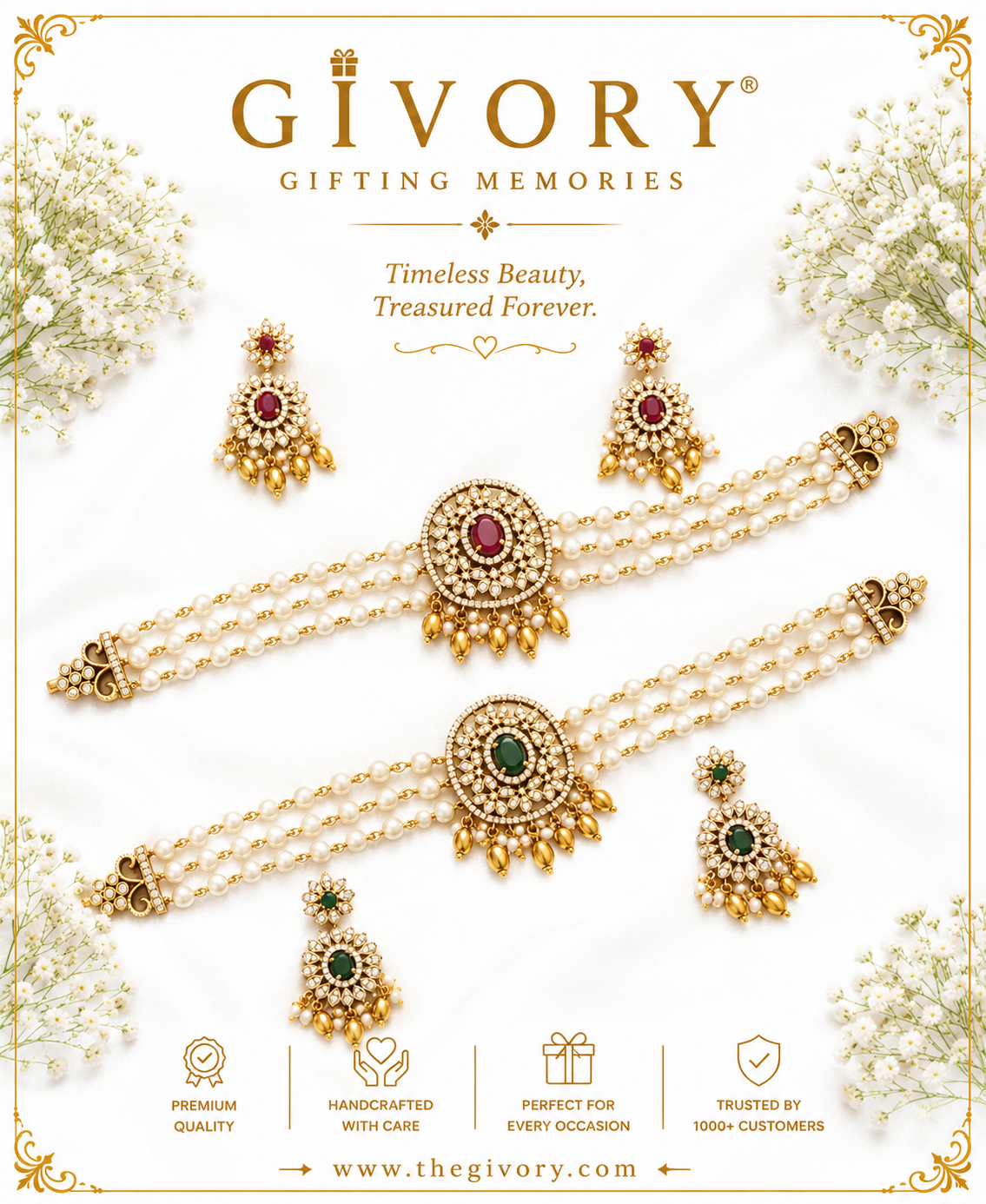 Triple Strand Pearl CZ Medallion Choker Set | Gold Fringe – GV-Rg-S-J-134