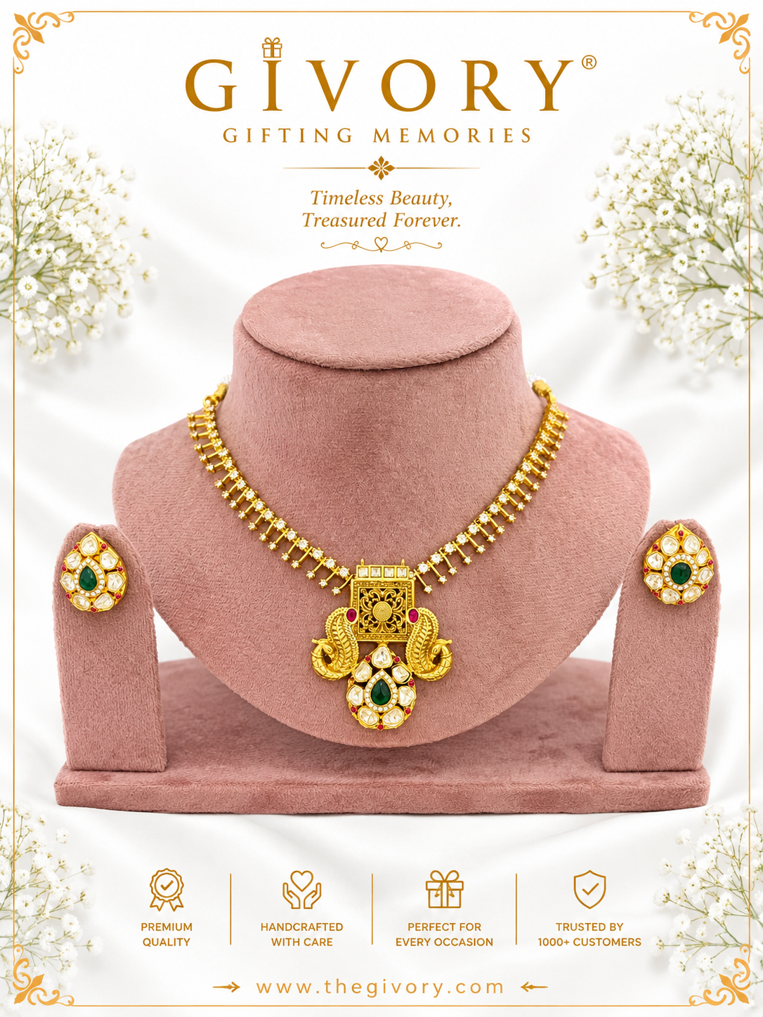 Twin Peacock Polki Jharoka Necklace Set | Emerald Drop – GV-RG-S-J-136